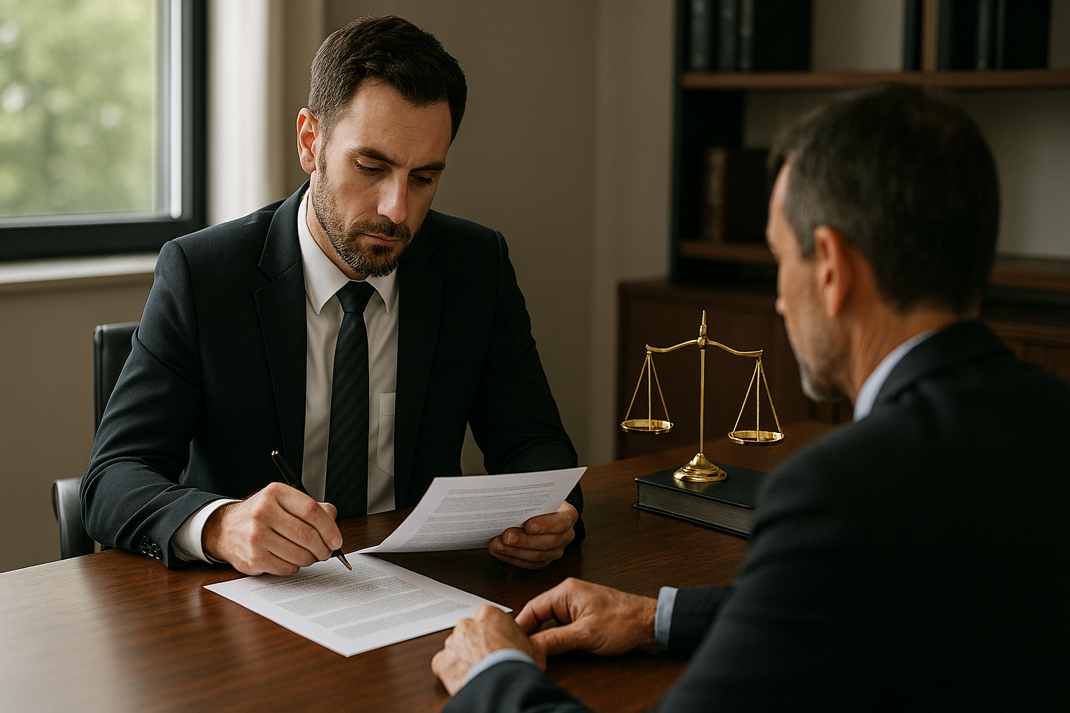 Photorealistic attorney-client consultation scene